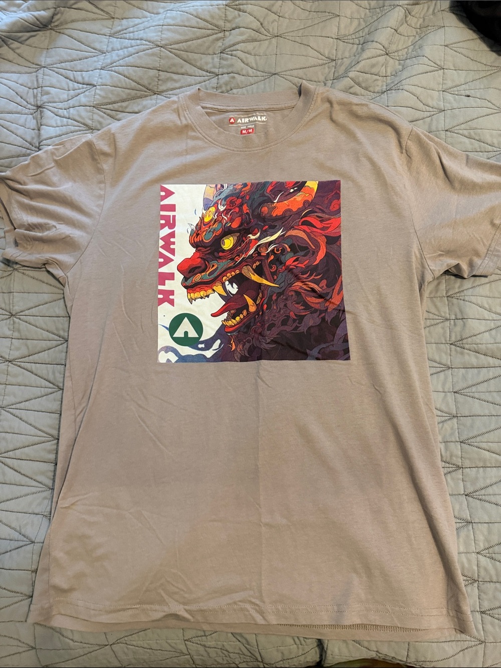 Airwalk Taupe Tee with Red and Orange Dragon Graphic